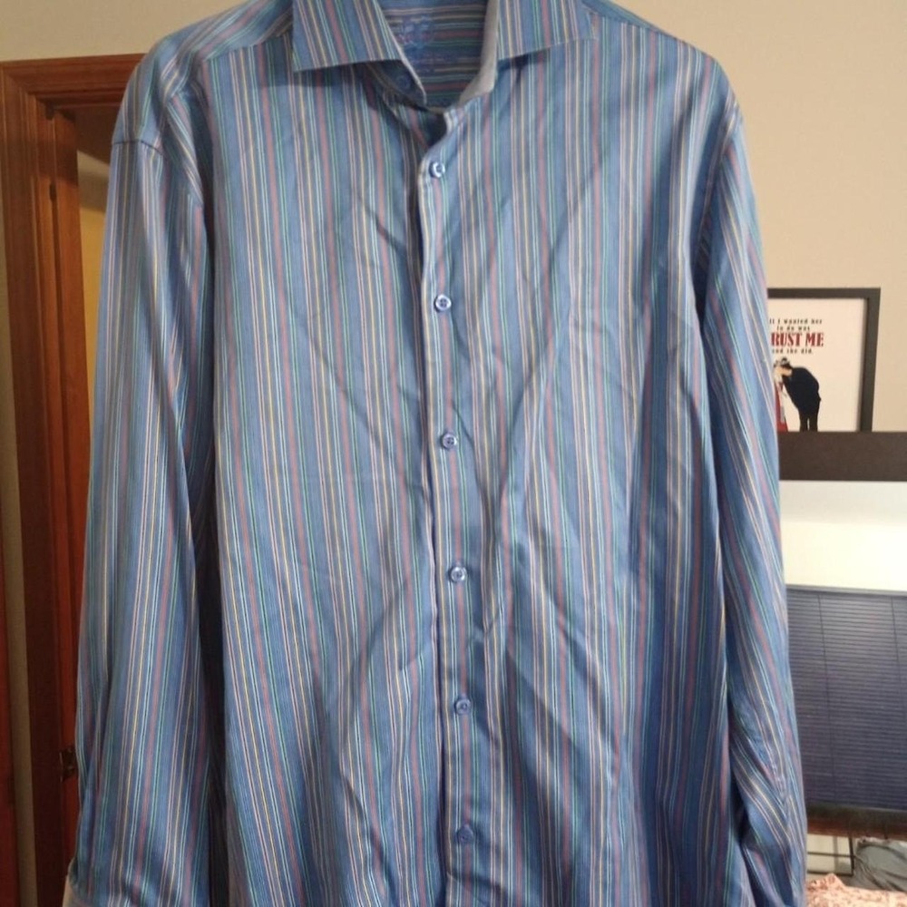 Bugatchi blue, red, and white striped button-up shirt. flip cuffs . 16.5/41